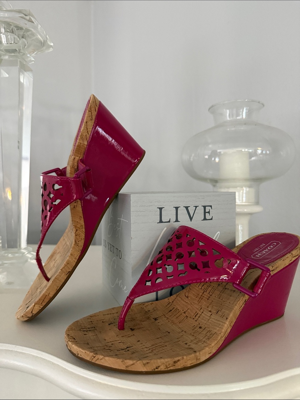 Coach Magenta Patent Cork Wedge Thong Sandals